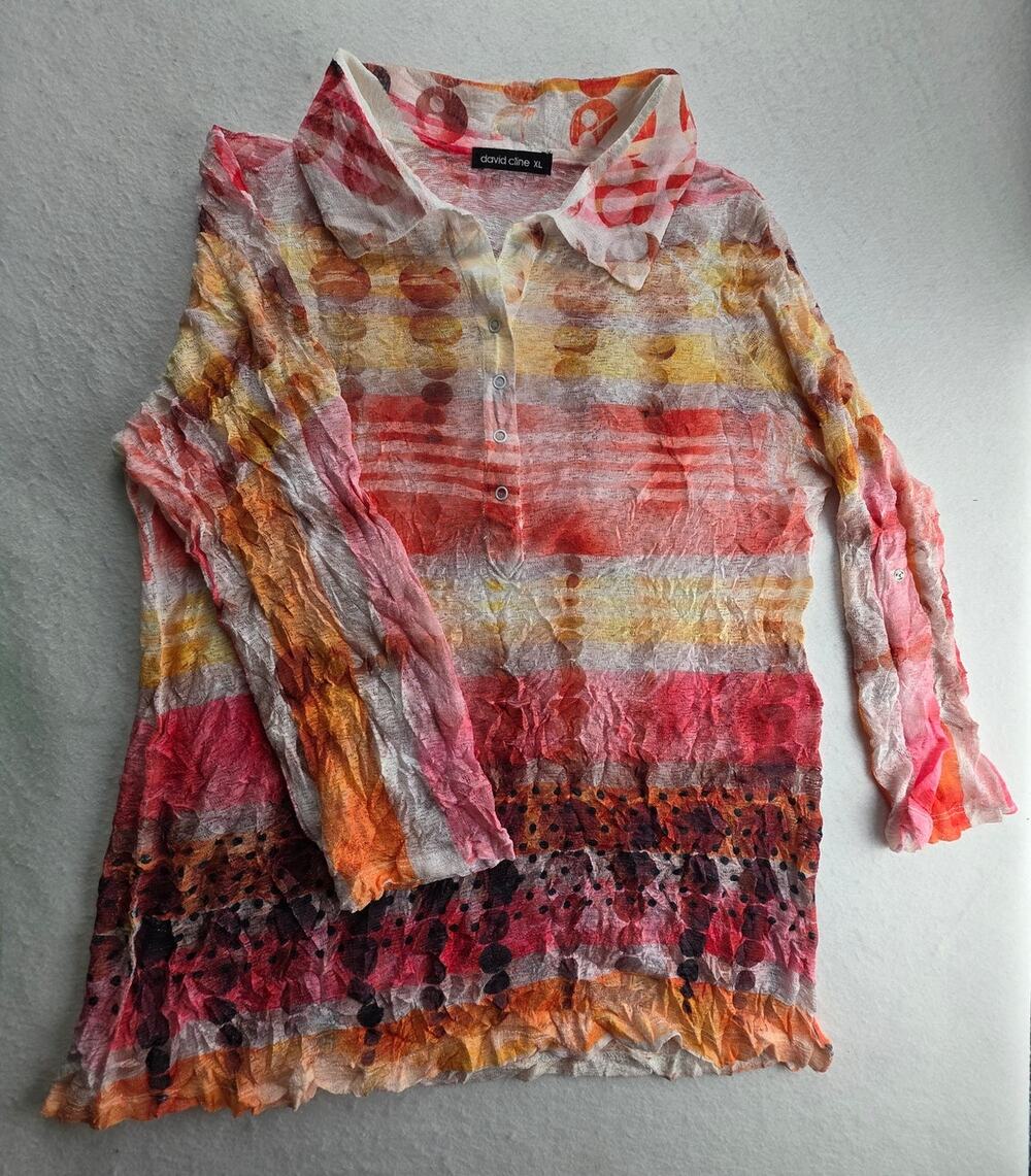 David Cline Tropical Citrus Long Sleeve Blouse Size XL